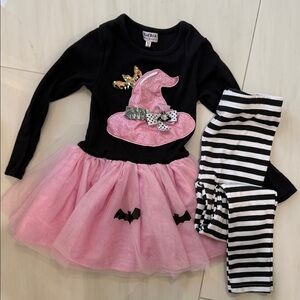 Little girls Halloween Pink and Black Witch outfit & Striped Leggings
